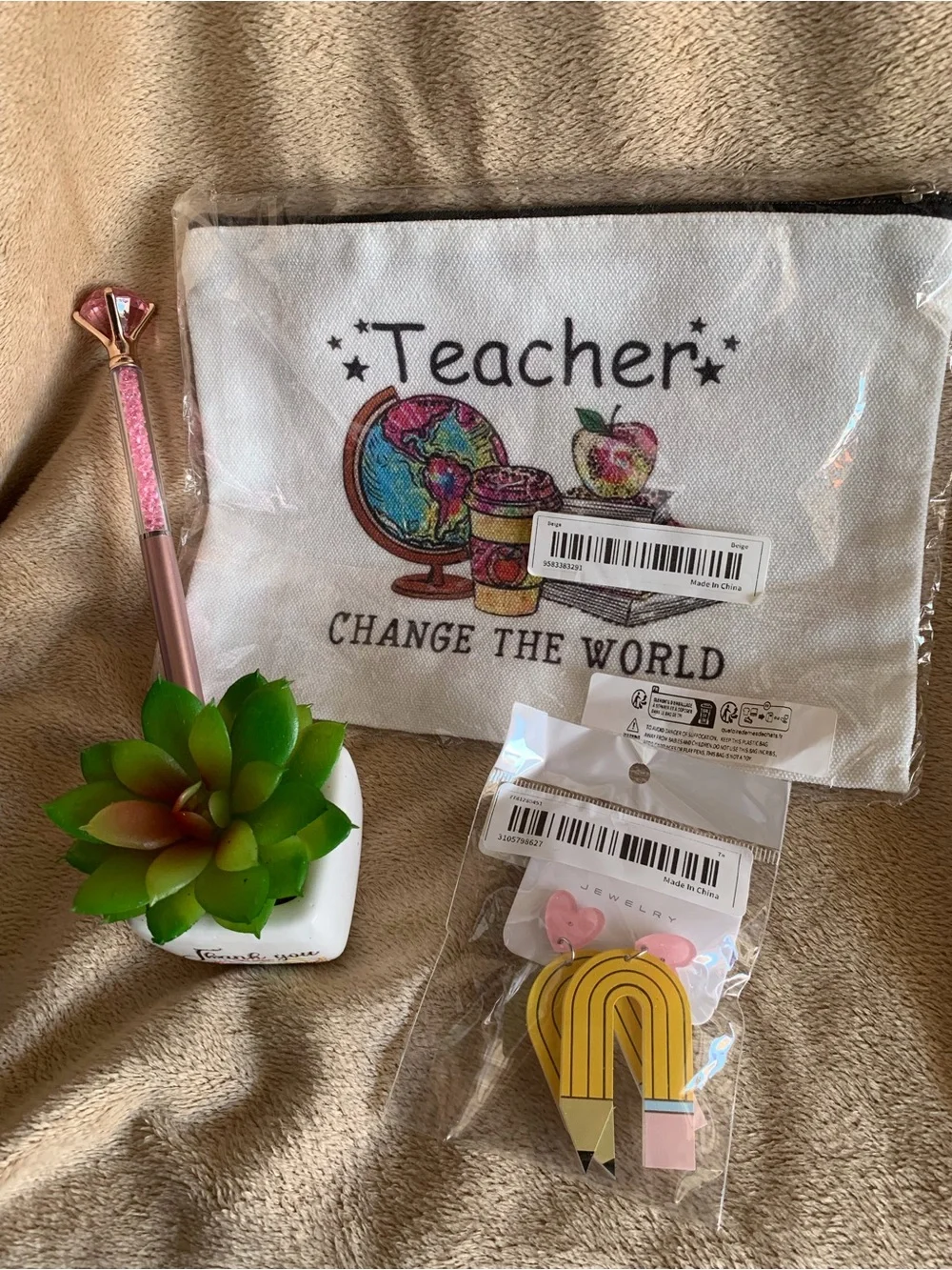 Teacher 'Change the World' White Canvas Pencil Pouch